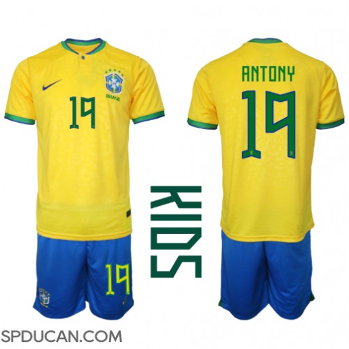 Dječji Nogometni Dres Brazil Antony #19 Domaci SP 2022 Kratak Rukav (+ Kratke hlače)